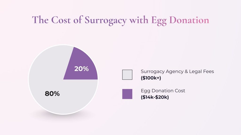 Pie chart breakdown of total surrogacy costs, showing that agency and legal fees make up 80% of the budget while egg donation fees are approximately 20%.