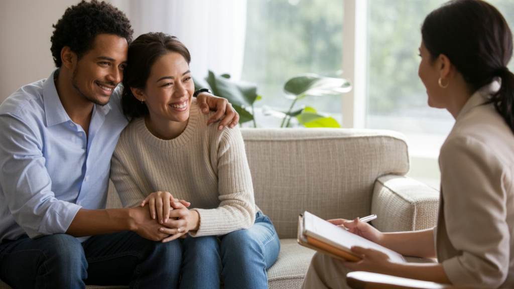 Couple holding hands while meeting with fertility counselor in comfortable office setting