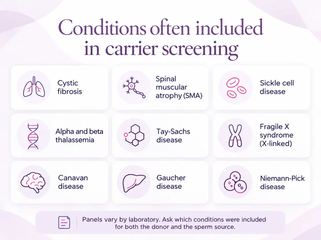 Examples of conditions often included in carrier screening for egg donors, including cystic fibrosis, spinal muscular atrophy and Fragile X syndrome