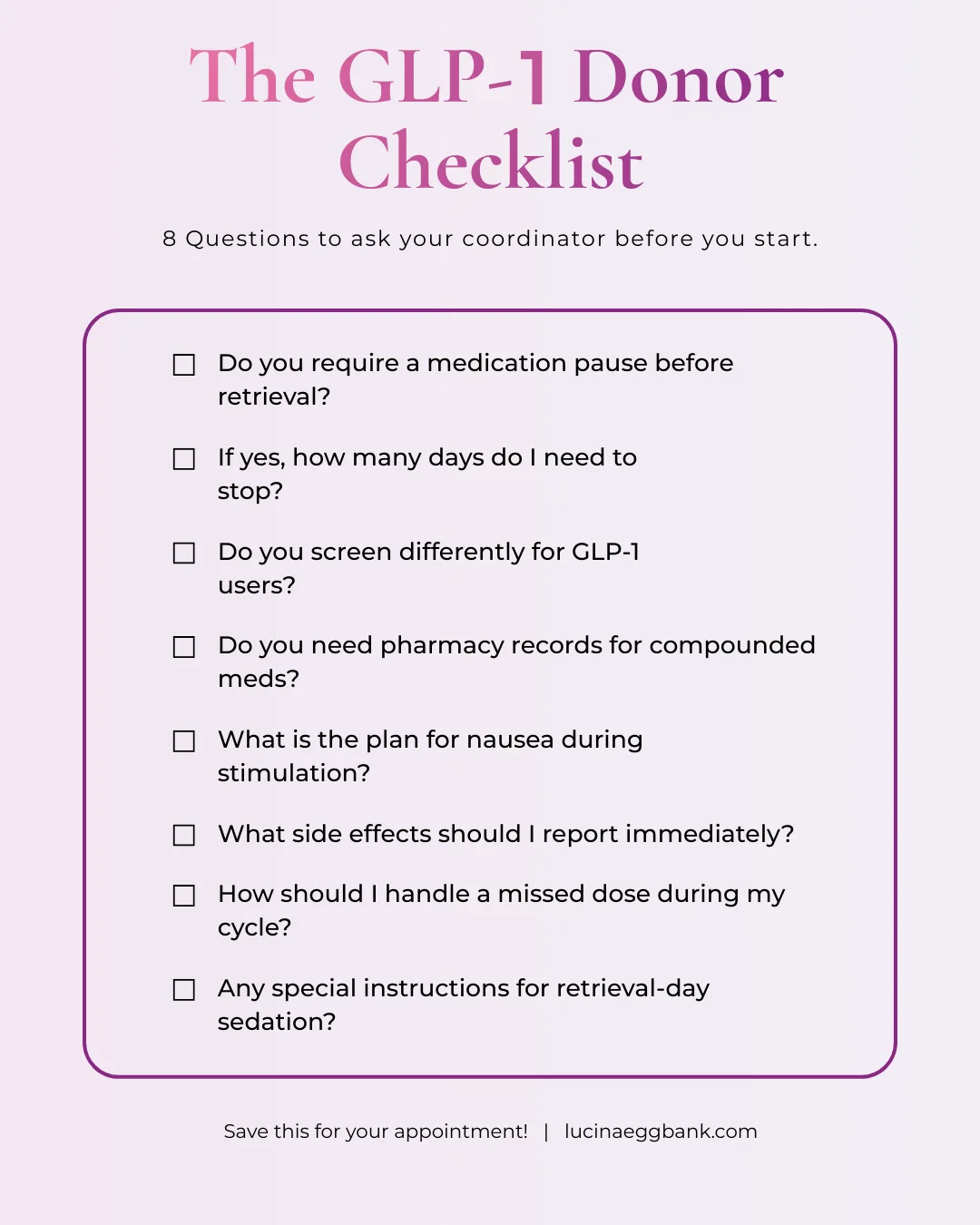 lucina egg bank - glp1 and egg donation - donor checklist