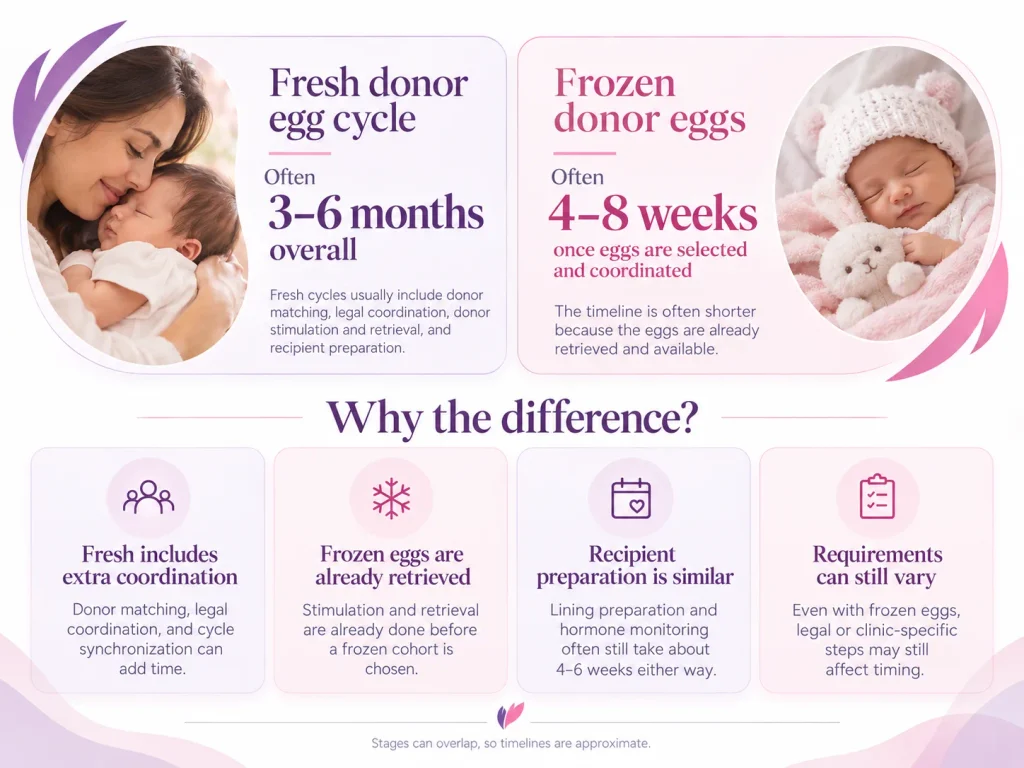 Timeline comparing an estimated three-to-six-month fresh donor egg cycle with a roughly four-to-eight-week frozen donor egg cycle.