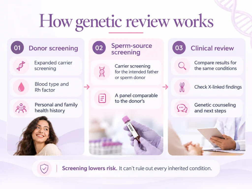 Three-step genetic review for donor egg IVF: donor screening, sperm-source screening, and clinical review with counseling